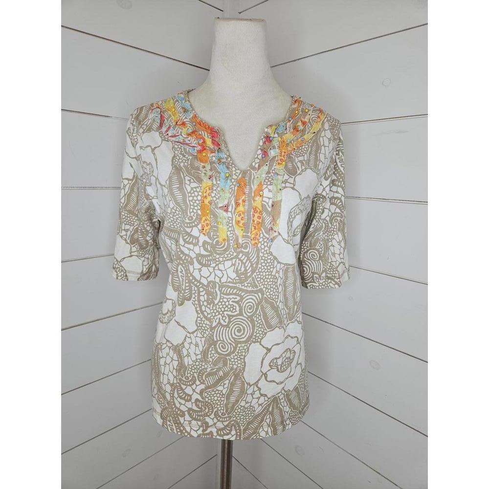 A La Carte medium tan white with multicolored details cotton tunic